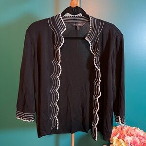Ming Wang Elegant Black Cardigan with White Scalloped Trim